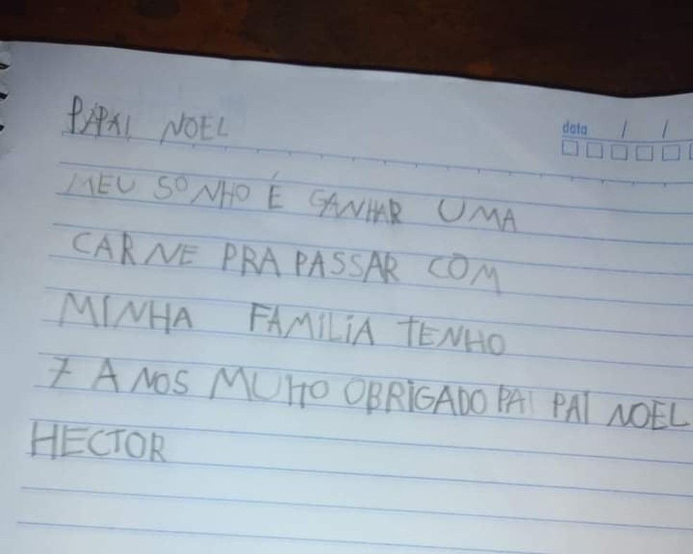 carne - Doações a menino que pediu carne em carta ao Papai Noel ultrapassam R$ 20 mil e família faz churrasco: 'matei a saudade'