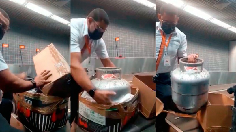 pais24hs.com - Vídeo: mulher tenta despachar botijão de gás em voo de Recife a SP